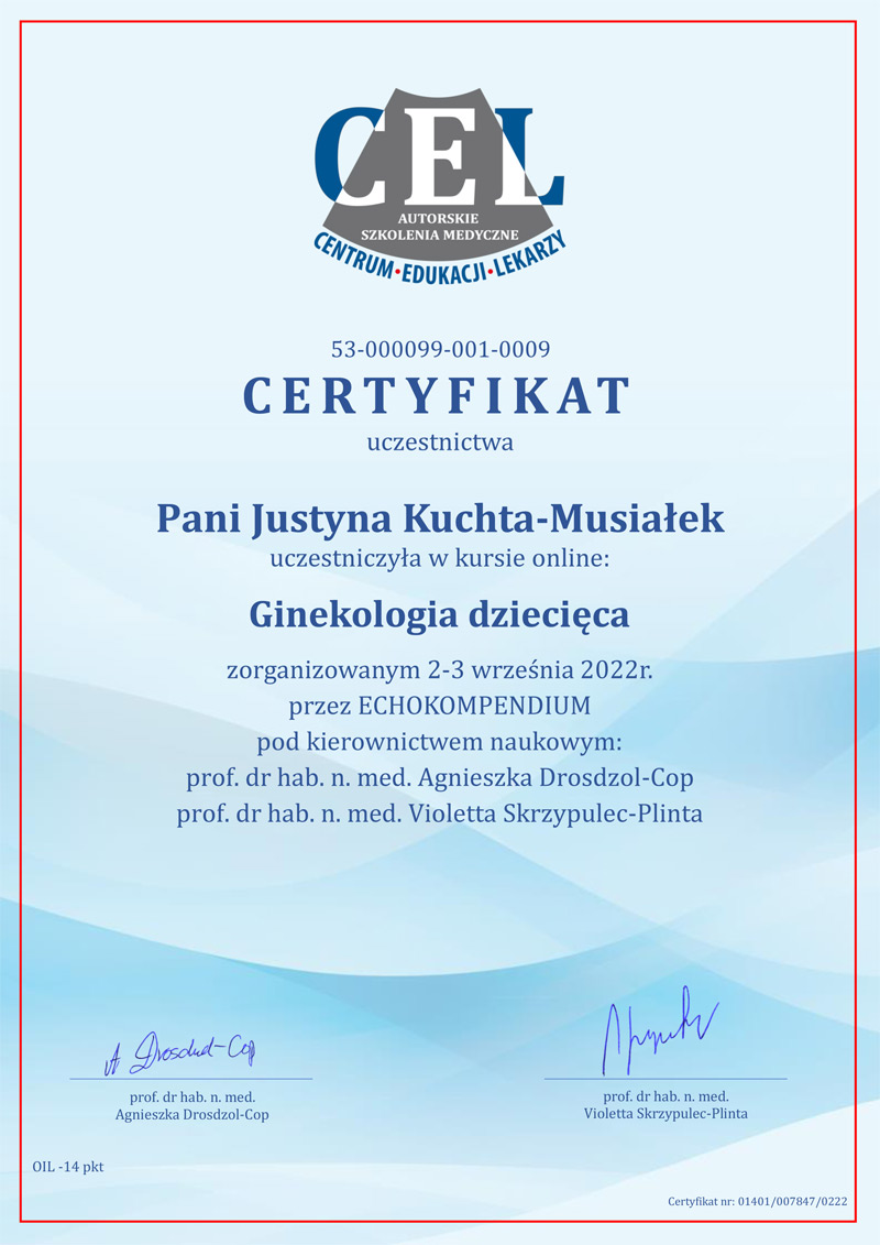 Ginekolog Słupsk - Justyna Kuchta-Musiałek Certyfikat: Ginekologia dziecięca