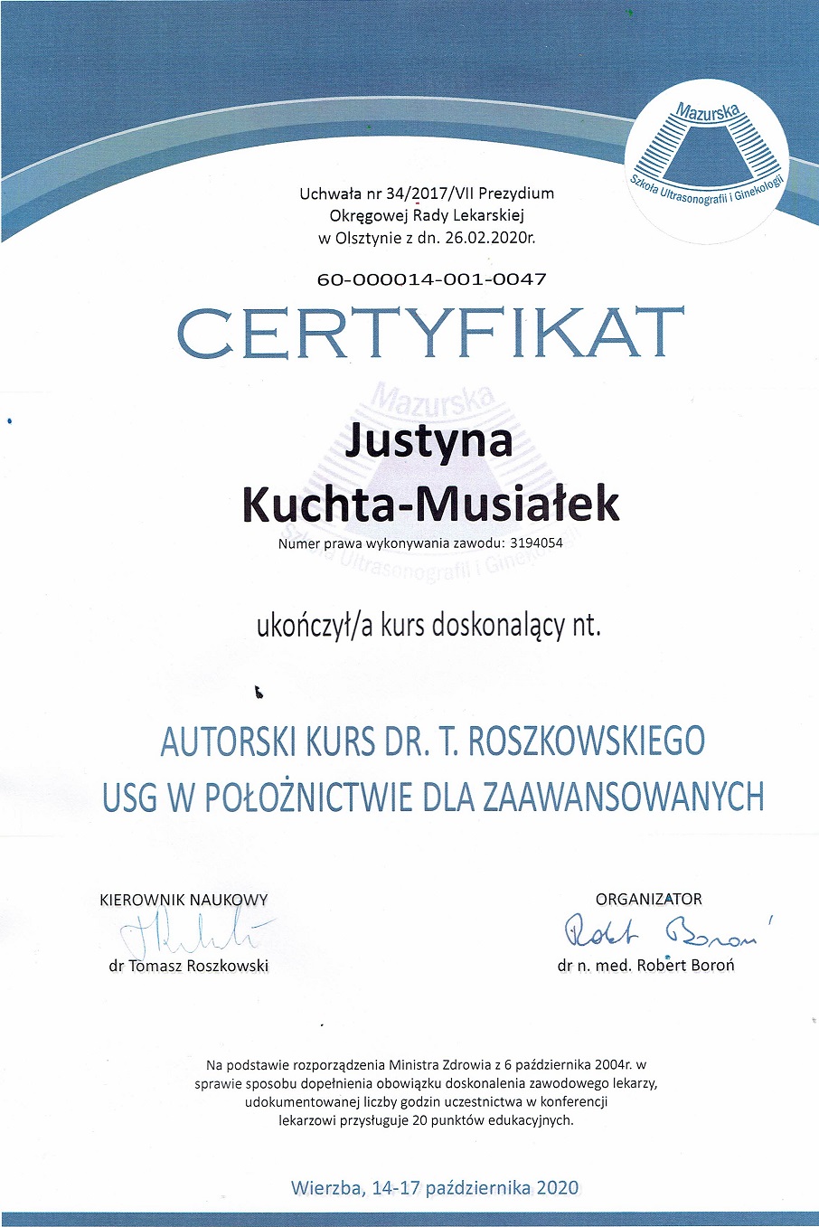 Ginekolog Słupsk - Justyna Kuchta-Musiałek Certyfikat: USG w położnictwie dla zaawansowanych