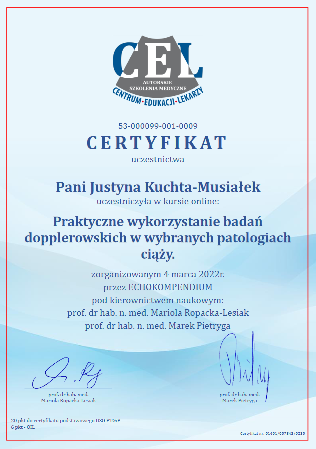 Ginekolog Słupsk - Justyna Kuchta-Musiałek Certyfikat: Badania dopplerowskie w patologiach ciąży
