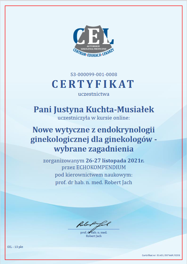 Ginekolog Słupsk - Justyna Kuchta-Musiałek Certyfikat: Wytyczne z endokrynologii ginekologicznej