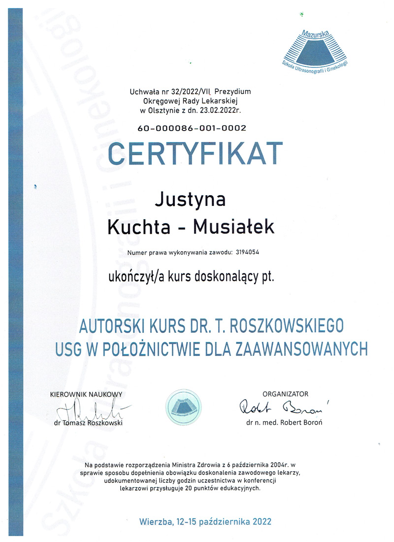 Ginekolog Słupsk - Justyna Kuchta-Musiałek Certyfikat: USG w położnictwie dla zaawansowanych