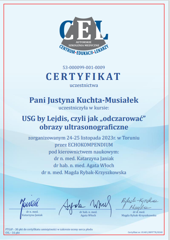 Ginekolog Słupsk - Justyna Kuchta-Musiałek Certyfikat: USG by Lejdis — obrazy ultrasonograficzne